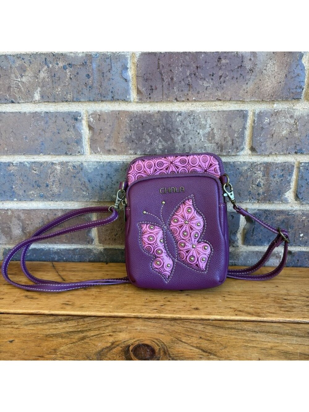 Chala Handbags Uni Cellphone Crossbody Butterfly Plum Purple New Without Tag